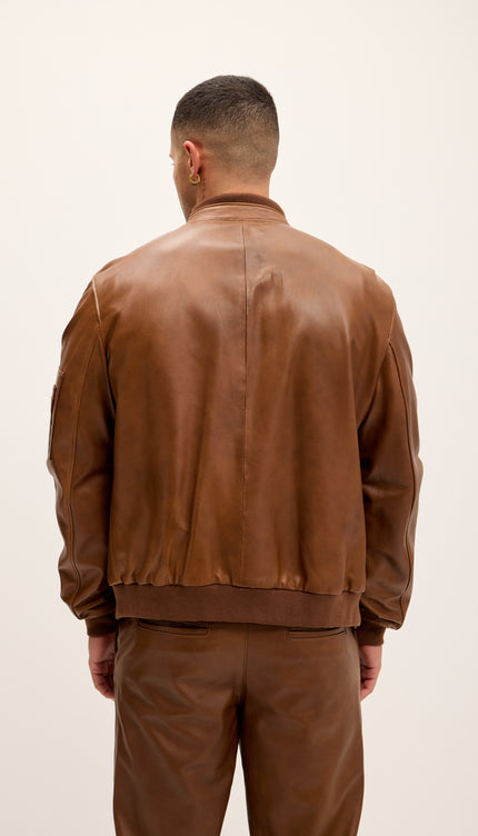 Genuine Leather Bomber Jacket - Brown - Ron Tomson