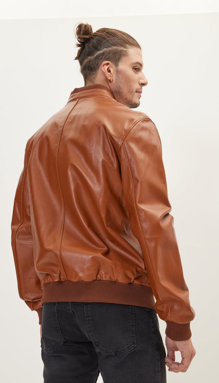 Genuine Leather Bomber Jacket - Brown - Ron Tomson