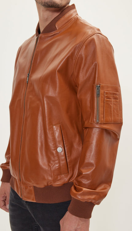 Genuine Leather Bomber Jacket - Brown - Ron Tomson