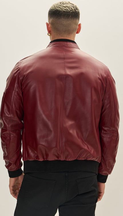 Genuine Leather Bomber Jacket - Burgundy - Ron Tomson