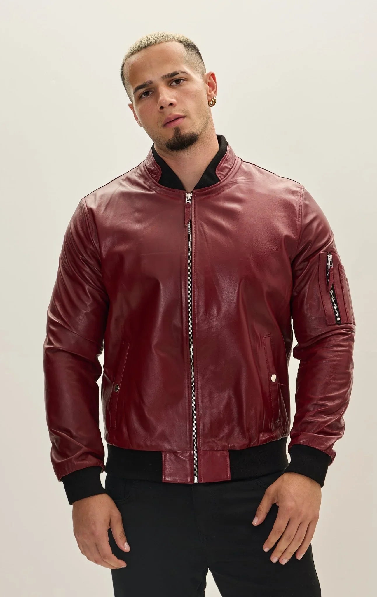 Genuine Leather Bomber Jacket Burgundy - Main Image