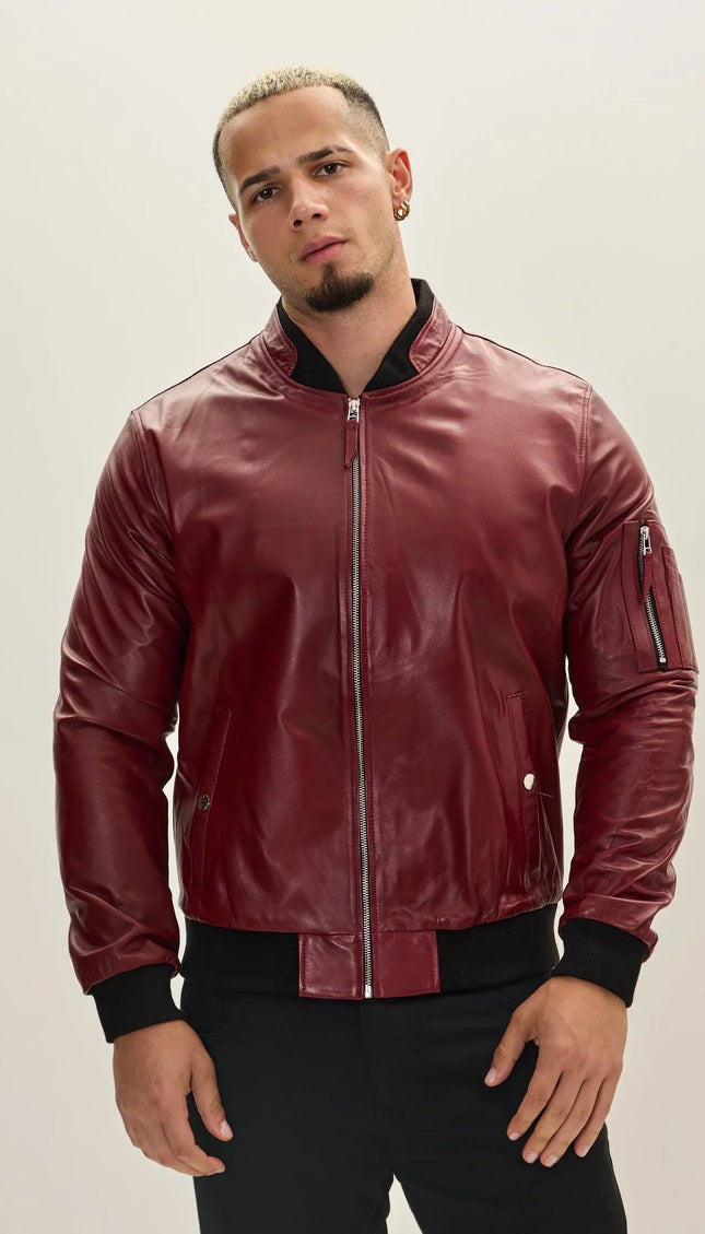 Genuine Leather Bomber Jacket - Burgundy - Ron Tomson