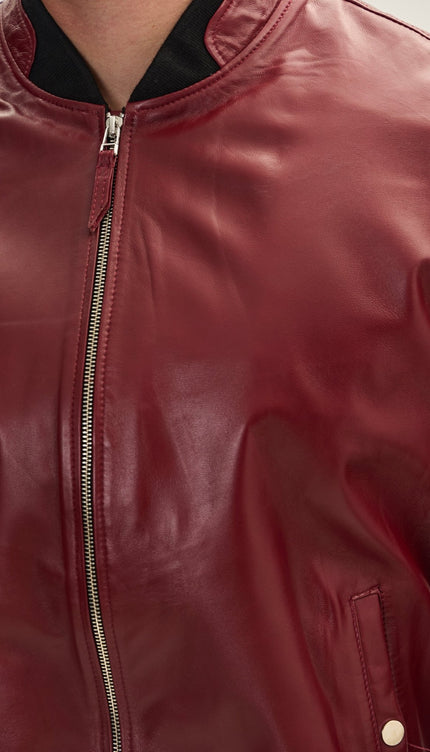 Genuine Leather Bomber Jacket - Burgundy - Ron Tomson