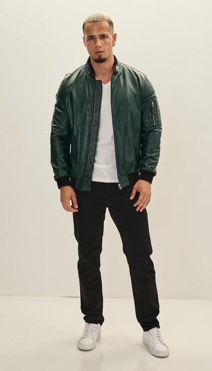 Genuine Leather Bomber Jacket - Green - Ron Tomson