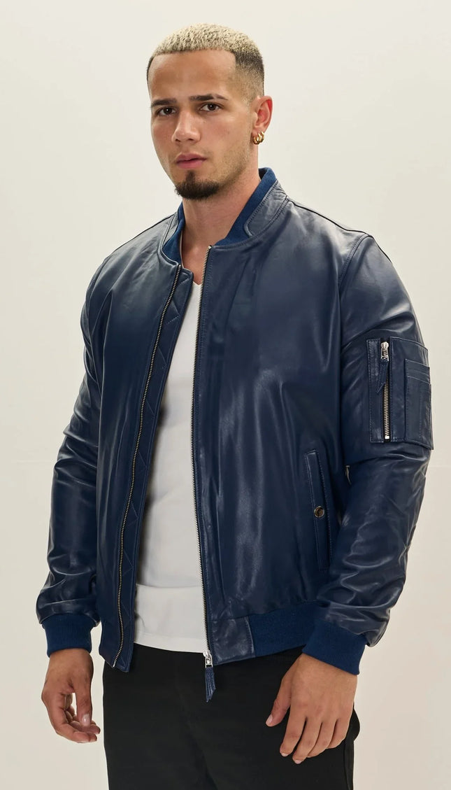 Genuine Leather Bomber Jacket - Navy - Ron Tomson