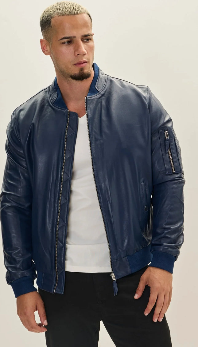 Genuine Leather Bomber Jacket - Navy - Ron Tomson
