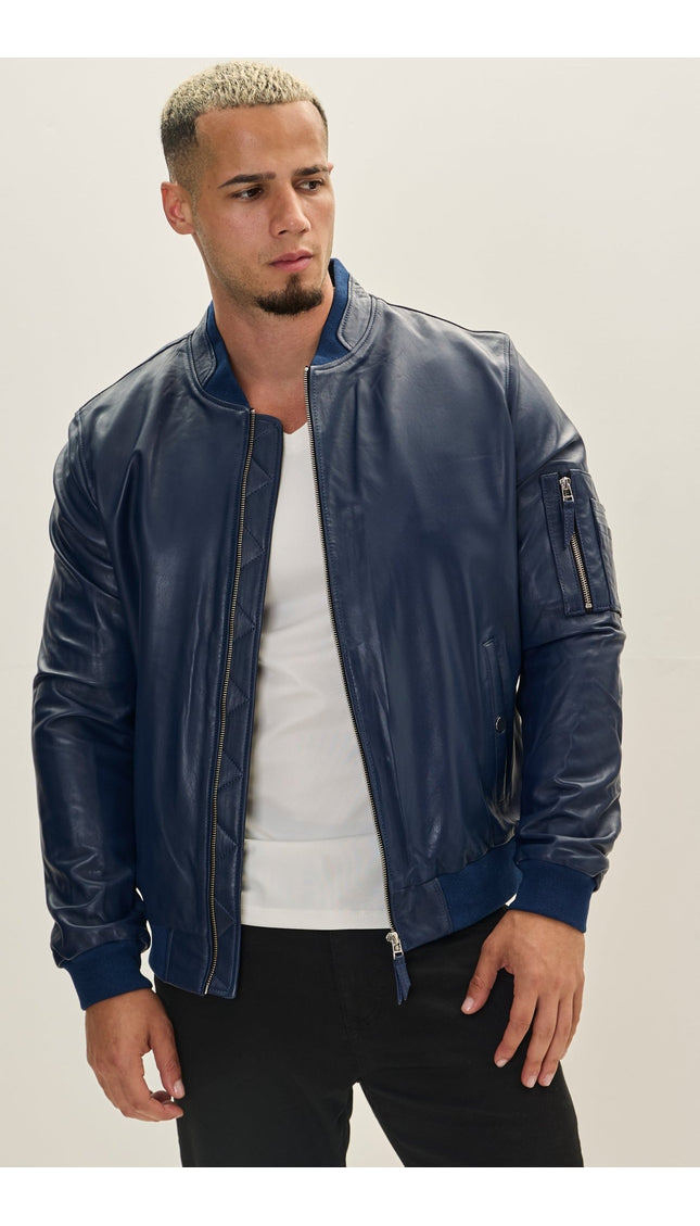 Genuine Leather Bomber Jacket - Navy - Ron Tomson