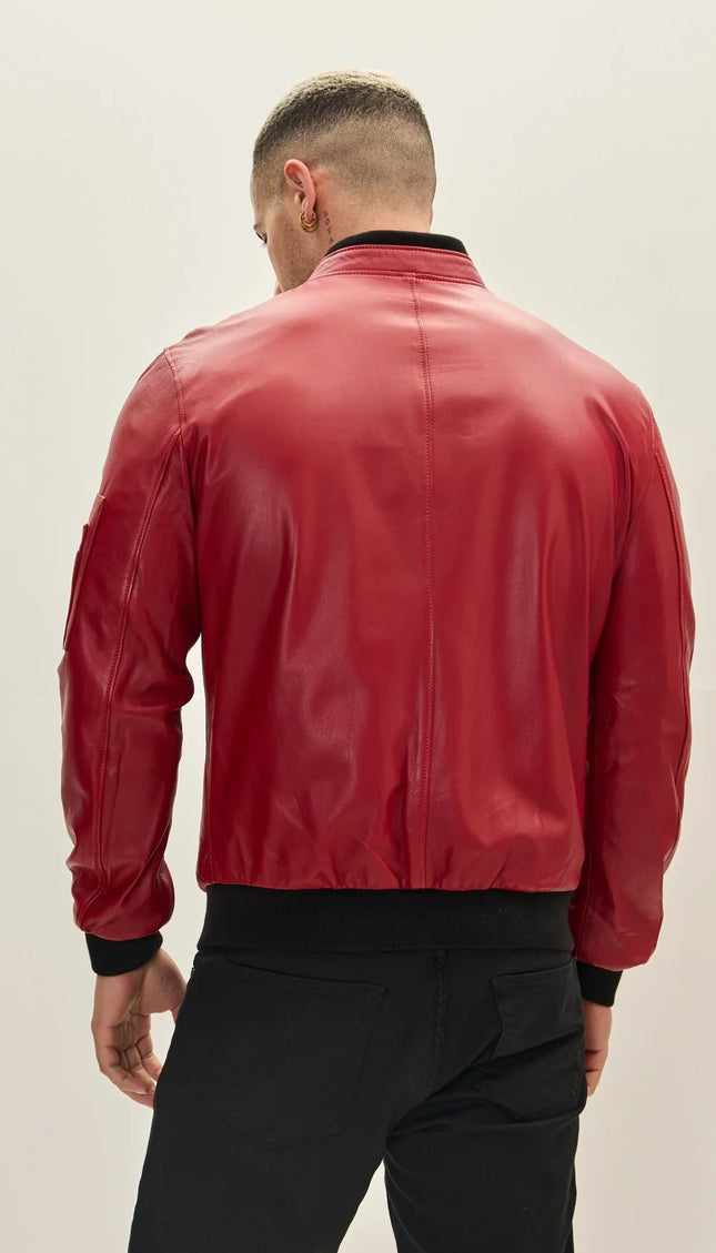 Genuine Leather Bomber Jacket - Red - Ron Tomson