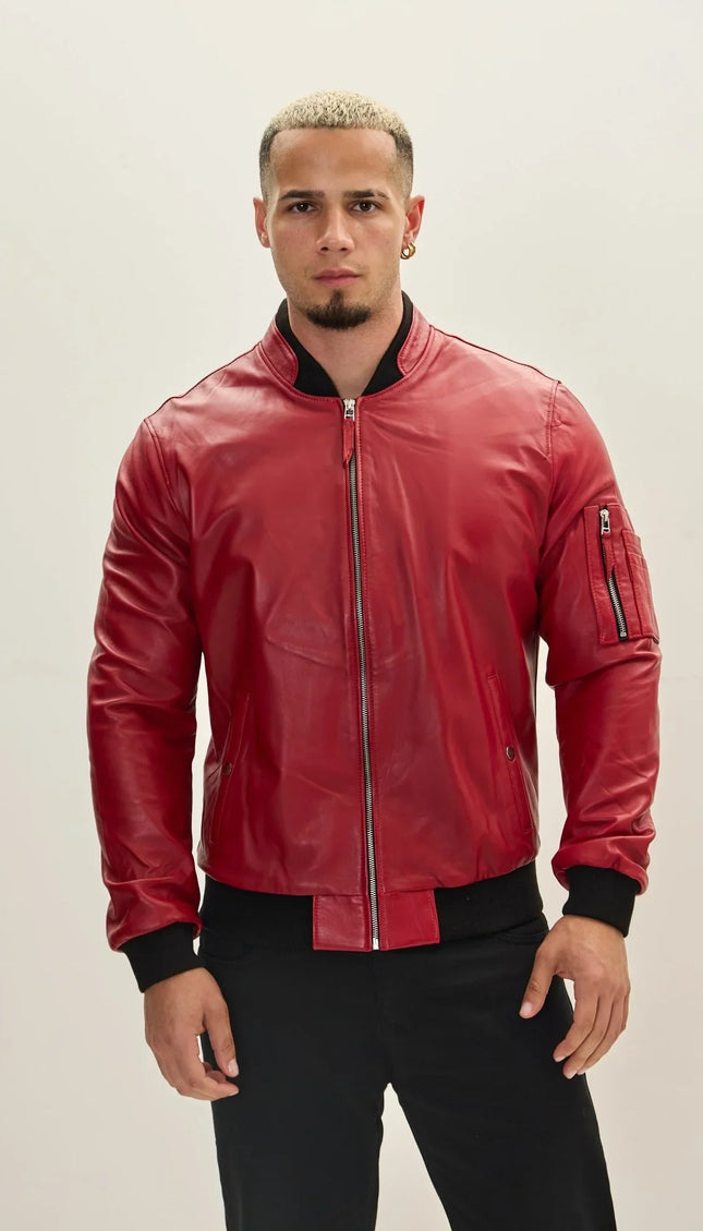 Genuine Leather Bomber Jacket - Red - Ron Tomson