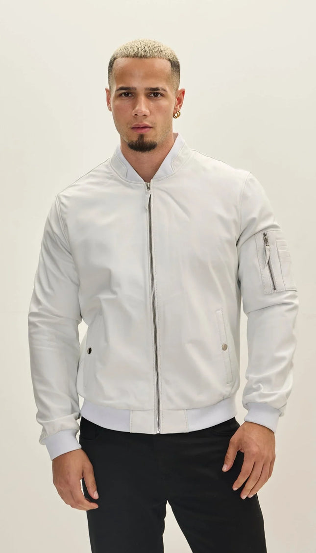 Genuine Leather Bomber Jacket - White - Ron Tomson