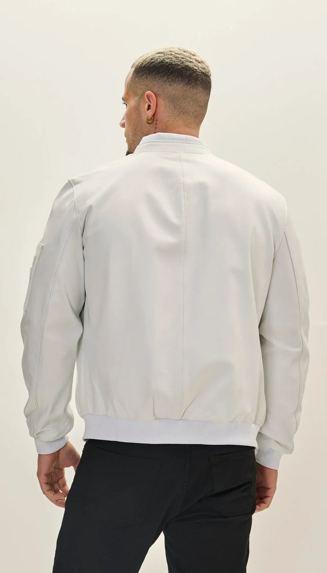 Genuine Leather Bomber Jacket - White - Ron Tomson