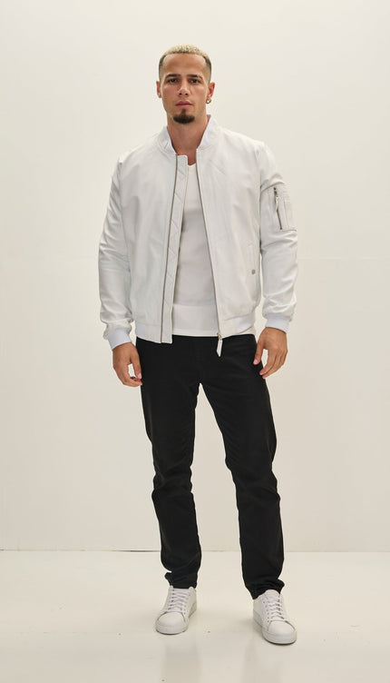 Genuine Leather Bomber Jacket - White - Ron Tomson