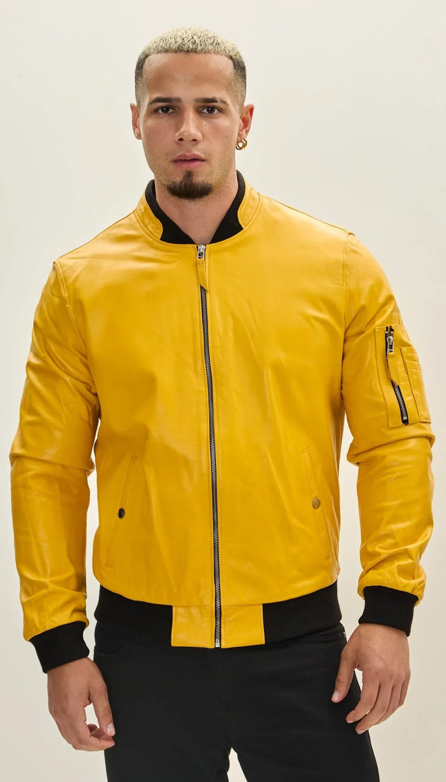 Genuine Leather Bomber Jacket - Yellow - Ron Tomson