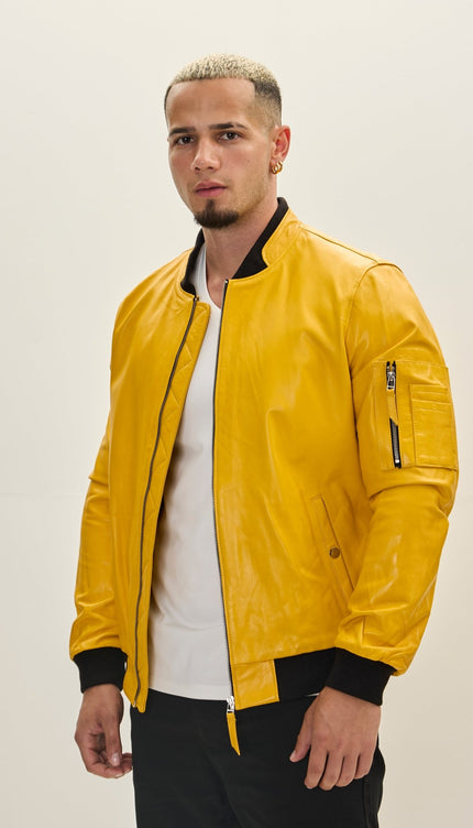 Genuine Leather Bomber Jacket - Yellow - Ron Tomson