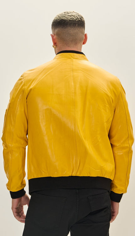 Genuine Leather Bomber Jacket - Yellow - Ron Tomson