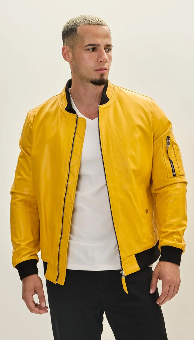 Genuine Leather Bomber Jacket - Yellow - Ron Tomson
