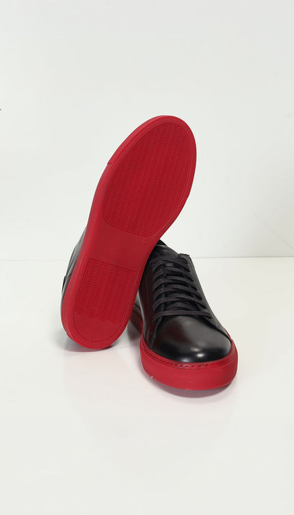 Genuine Leather Court Sneakers - Black Red - Ron Tomson