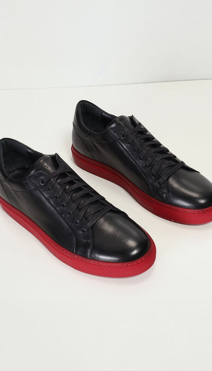 Genuine Leather Court Sneakers - Black Red - Ron Tomson