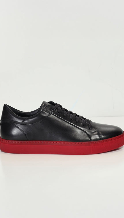 Genuine Leather Court Sneakers - Black Red - Ron Tomson