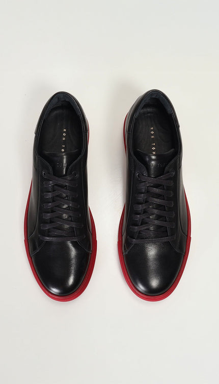 Genuine Leather Court Sneakers - Black Red - Ron Tomson