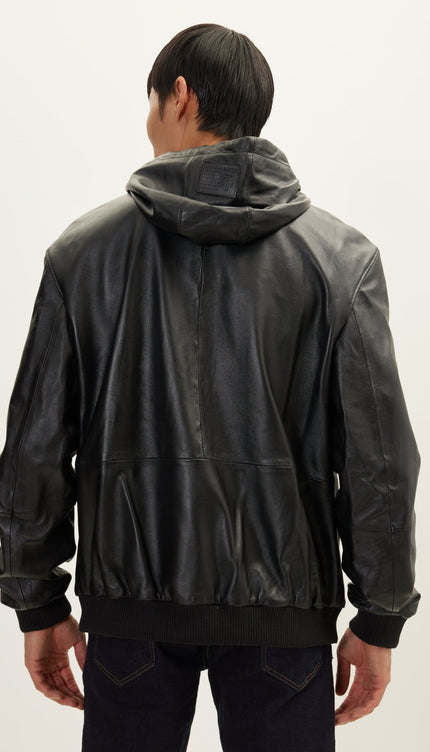 Genuine Leather Hooded Sweatshirt - Black - Ron Tomson