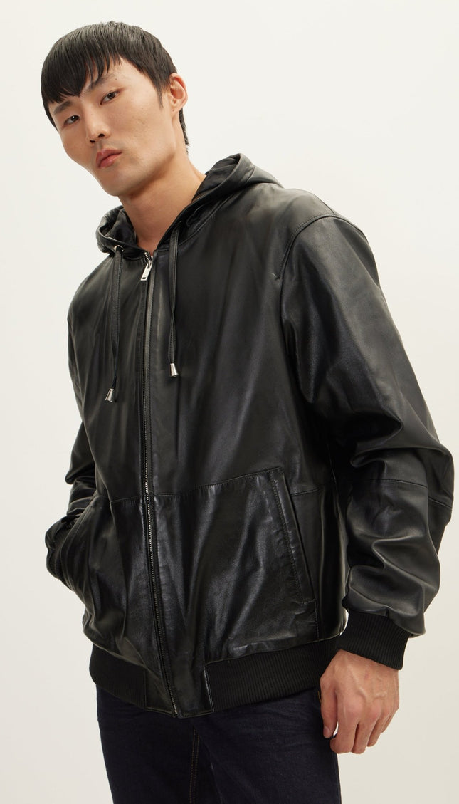 Genuine Leather Hooded Sweatshirt - Black - Ron Tomson