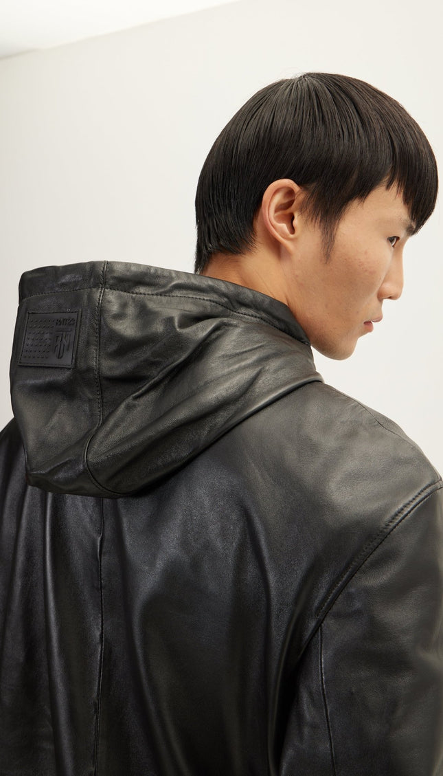 Genuine Leather Hooded Sweatshirt - Black - Ron Tomson