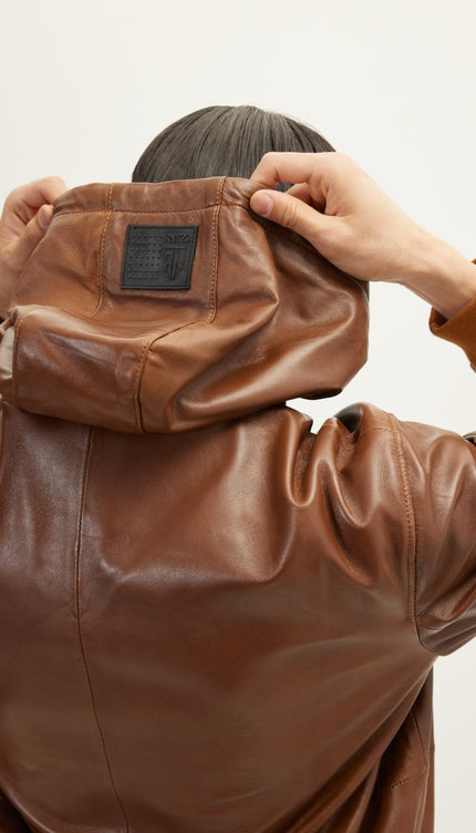 Genuine Leather Hooded Sweatshirt - Brown - Ron Tomson