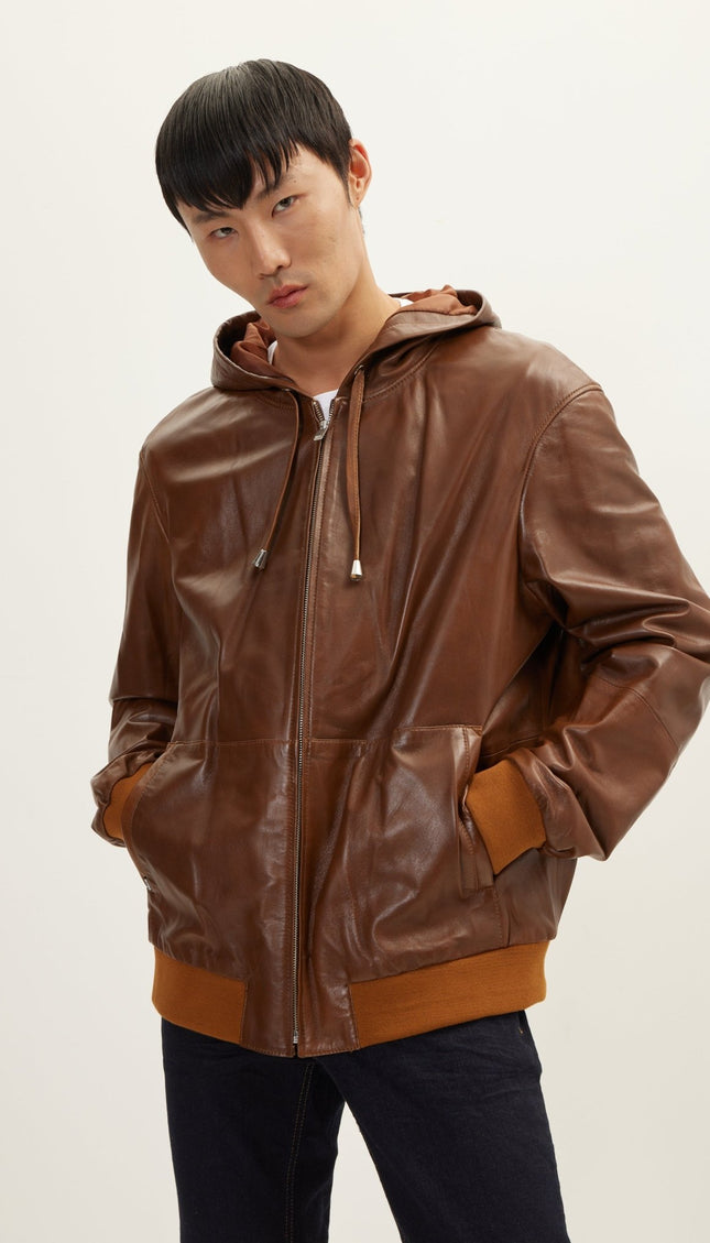 Genuine Leather Hooded Sweatshirt - Brown - Ron Tomson