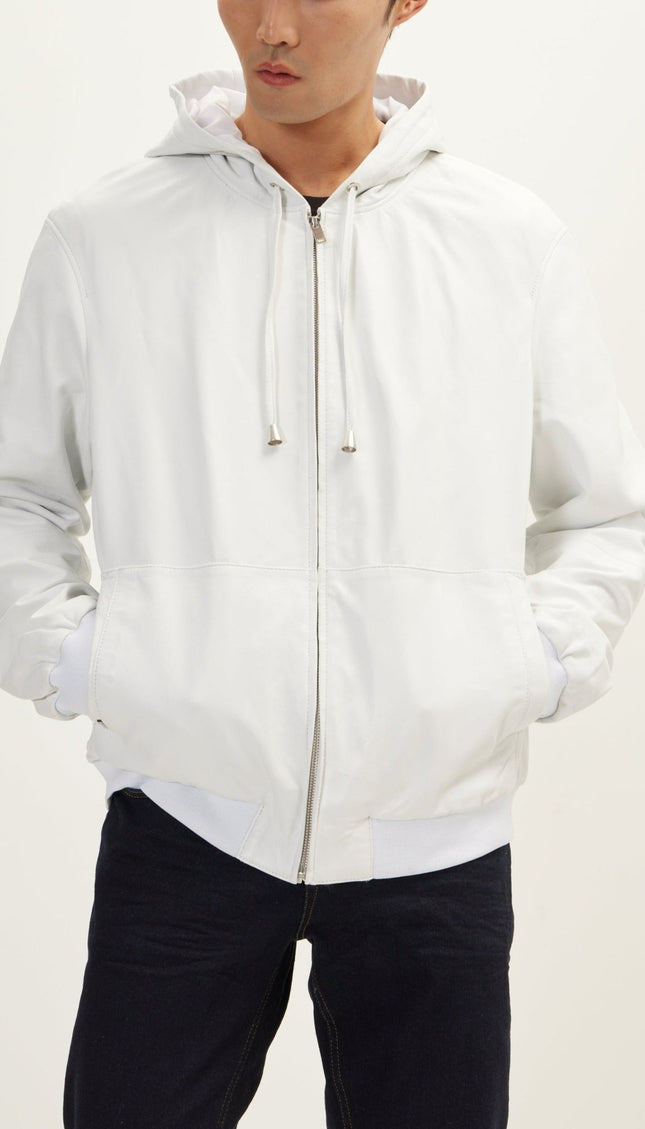 Genuine Leather Hooded Sweatshirt - Ecru - Ron Tomson