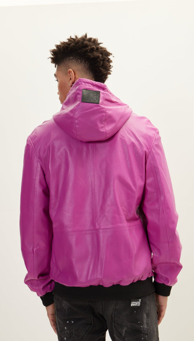 Genuine Leather Hooded Sweatshirt - Fuchsia - Ron Tomson