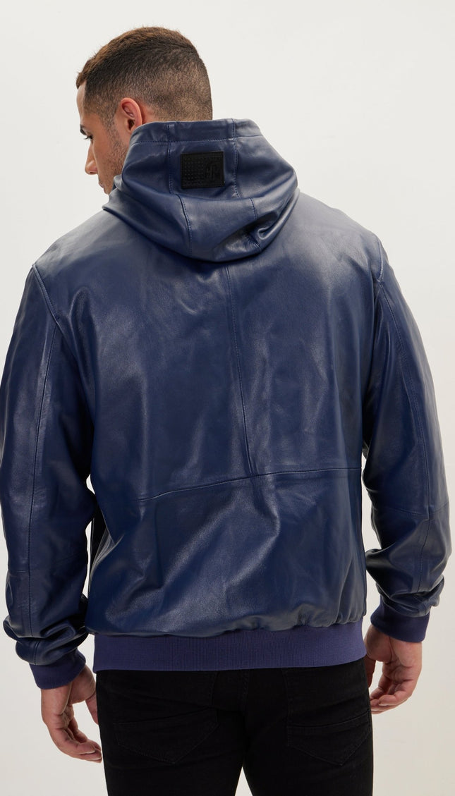 Genuine Leather Hooded Sweatshirt - Navy - Ron Tomson