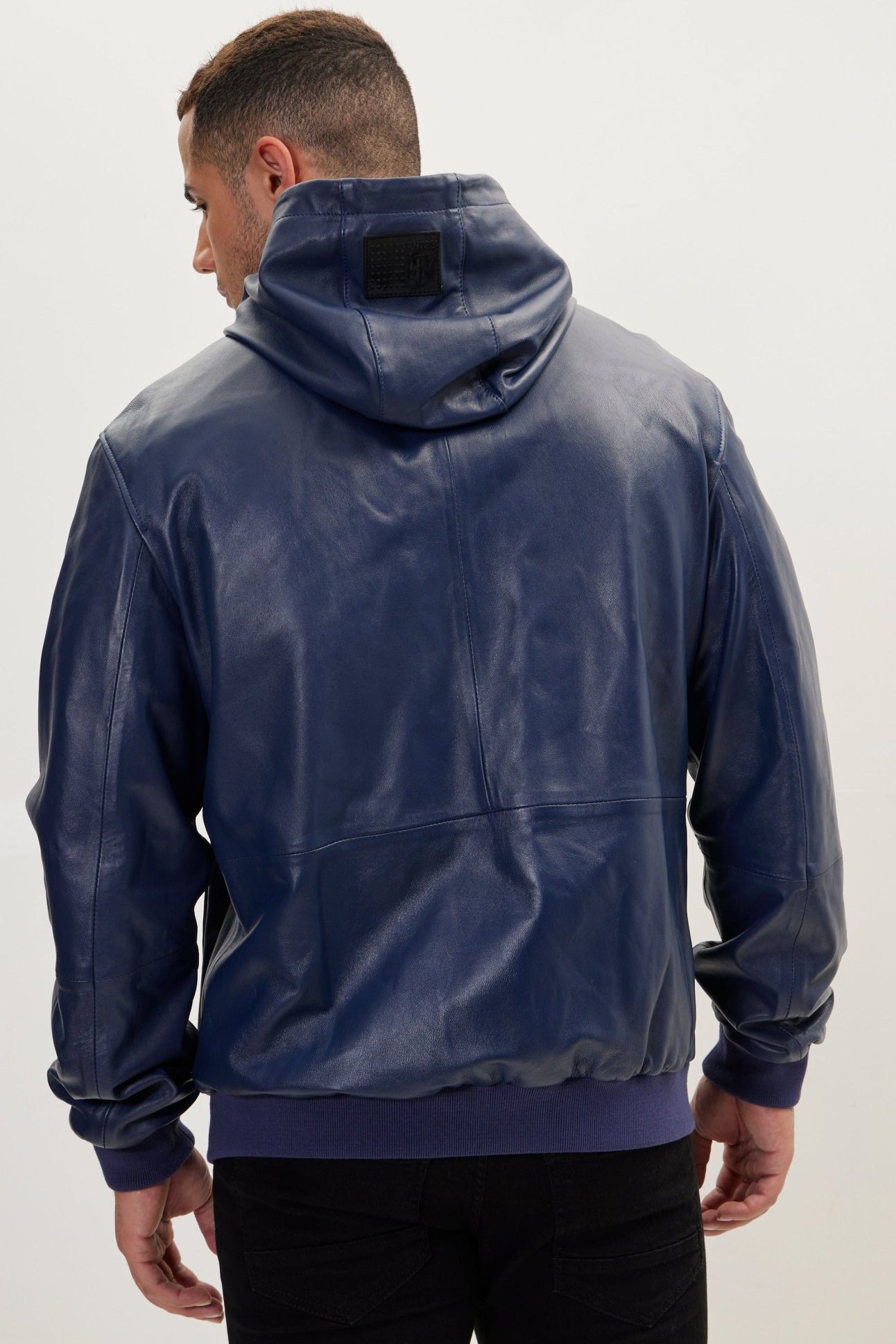 Genuine Leather Hooded Sweatshirt - Navy - Ron Tomson