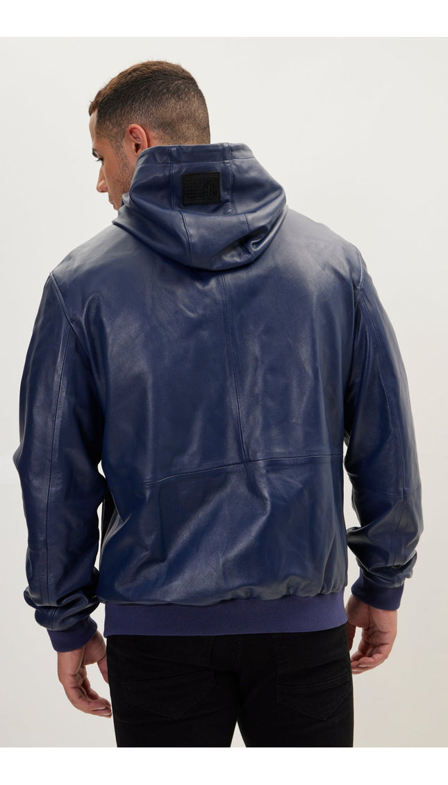 Genuine Leather Hooded Sweatshirt - Navy - Ron Tomson