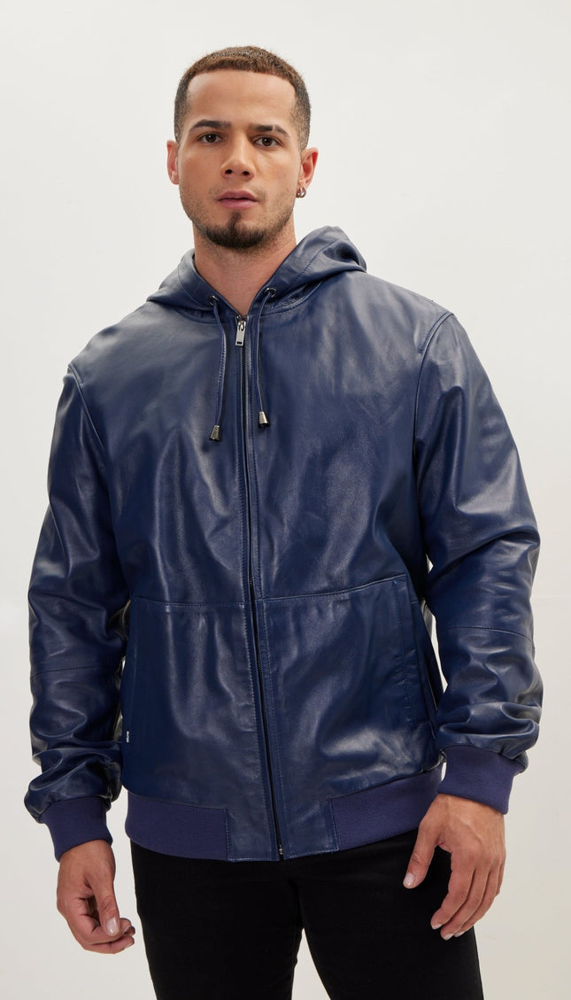 Genuine Leather Hooded Sweatshirt - Navy - Ron Tomson
