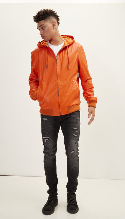 Genuine Leather Hooded Sweatshirt - Orange - Ron Tomson