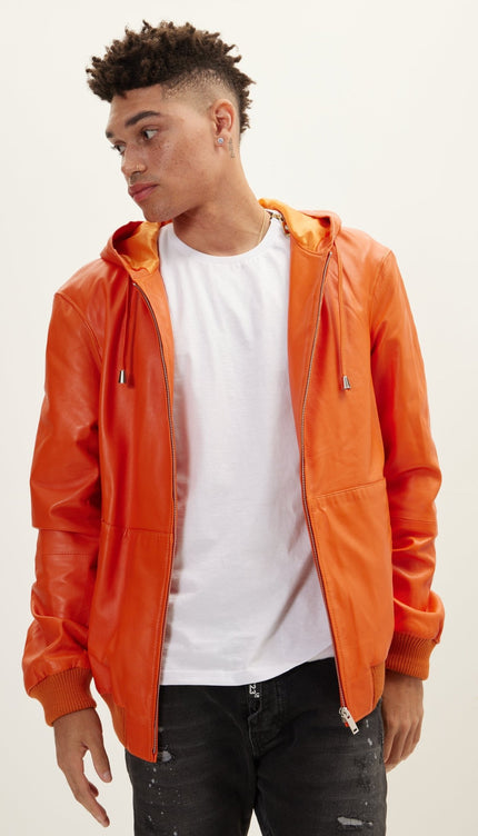 Genuine Leather Hooded Sweatshirt - Orange - Ron Tomson