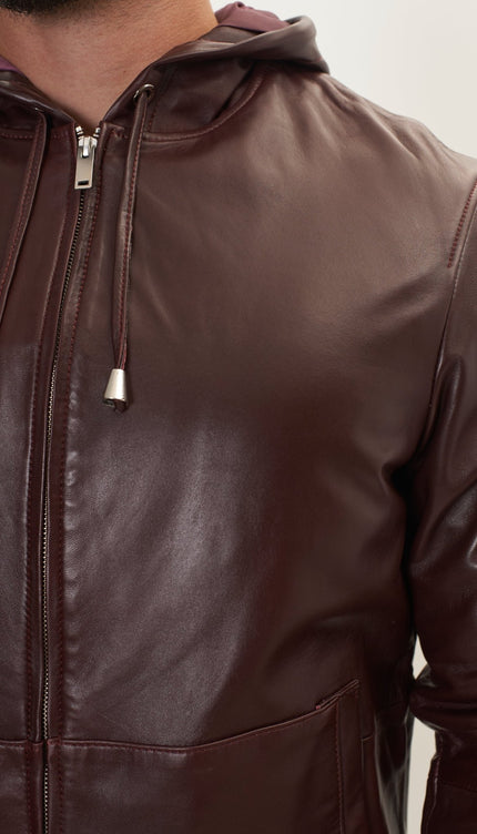 Genuine Leather Hooded Sweatshirt - Wine - Ron Tomson