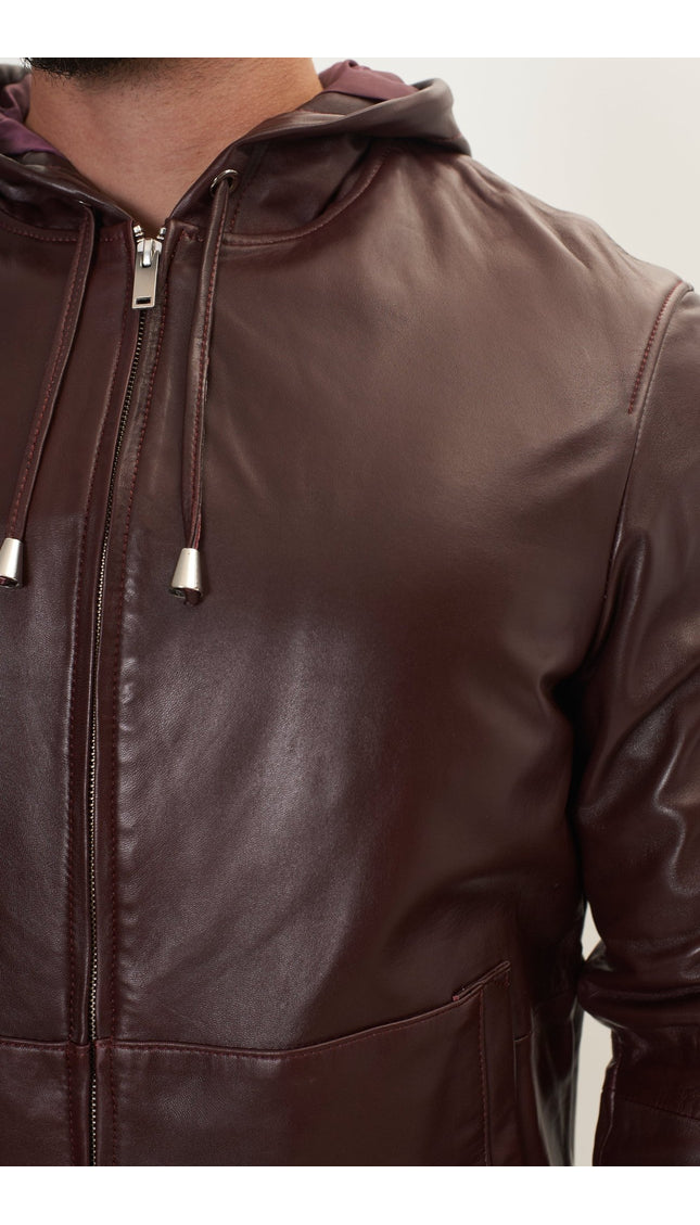 Genuine Leather Hooded Sweatshirt - Wine - Ron Tomson