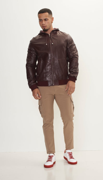 Genuine Leather Hooded Sweatshirt - Wine - Ron Tomson