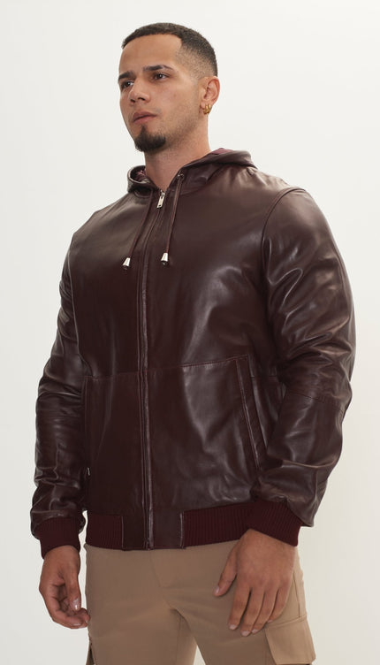 Genuine Leather Hooded Sweatshirt - Wine - Ron Tomson