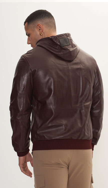 Genuine Leather Hooded Sweatshirt - Wine - Ron Tomson