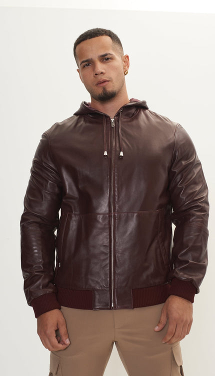 Genuine Leather Hooded Sweatshirt - Wine - Ron Tomson