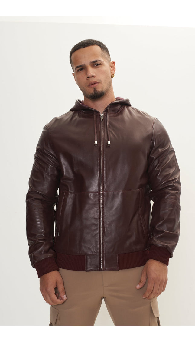 Genuine Leather Hooded Sweatshirt - Wine - Ron Tomson