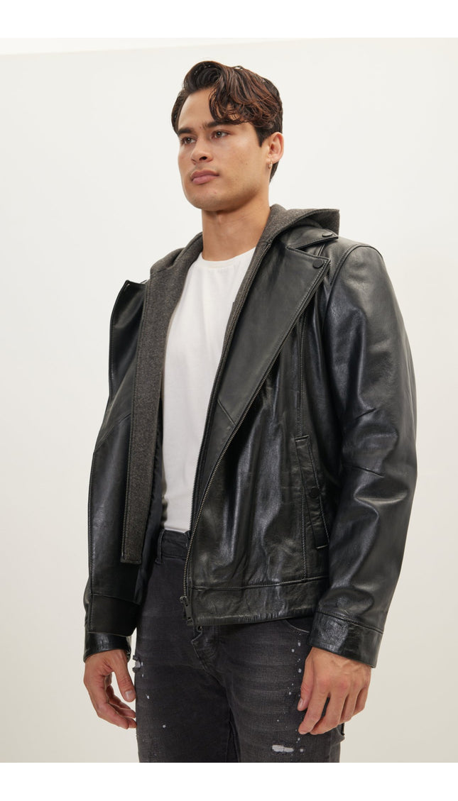Genuine Leather Jacket With Removable Hood - Black - Ron Tomson