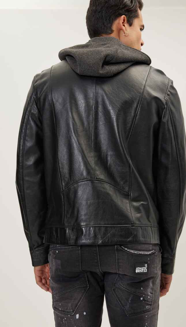 Genuine Leather Jacket With Removable Hood - Black - Ron Tomson