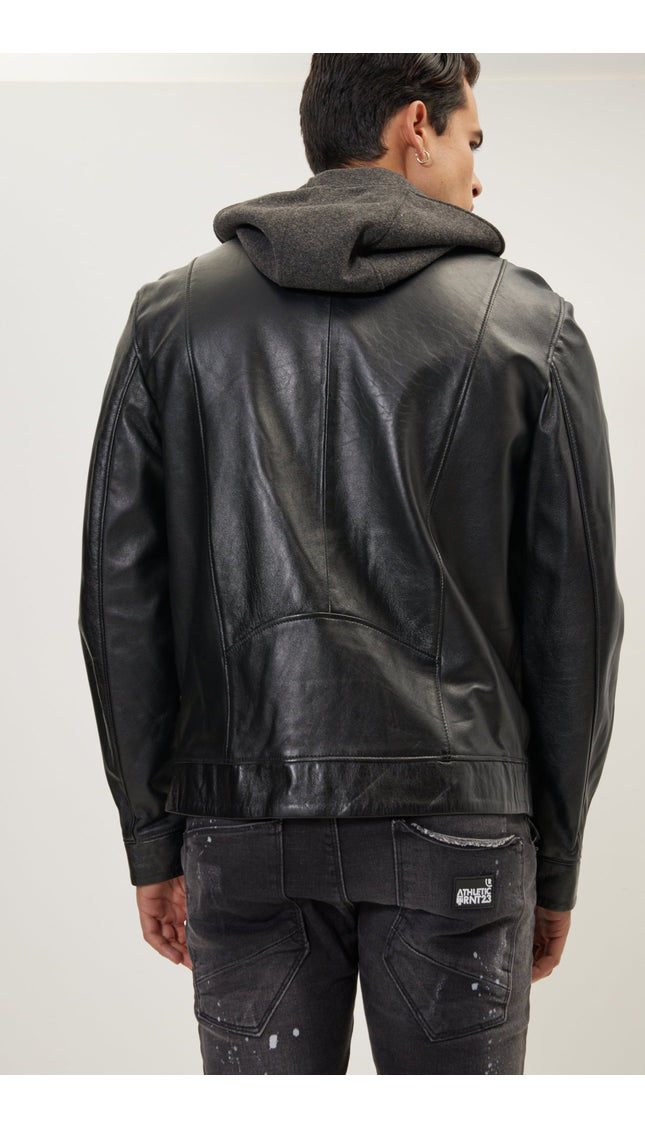 Genuine Leather Jacket With Removable Hood - Black - Ron Tomson