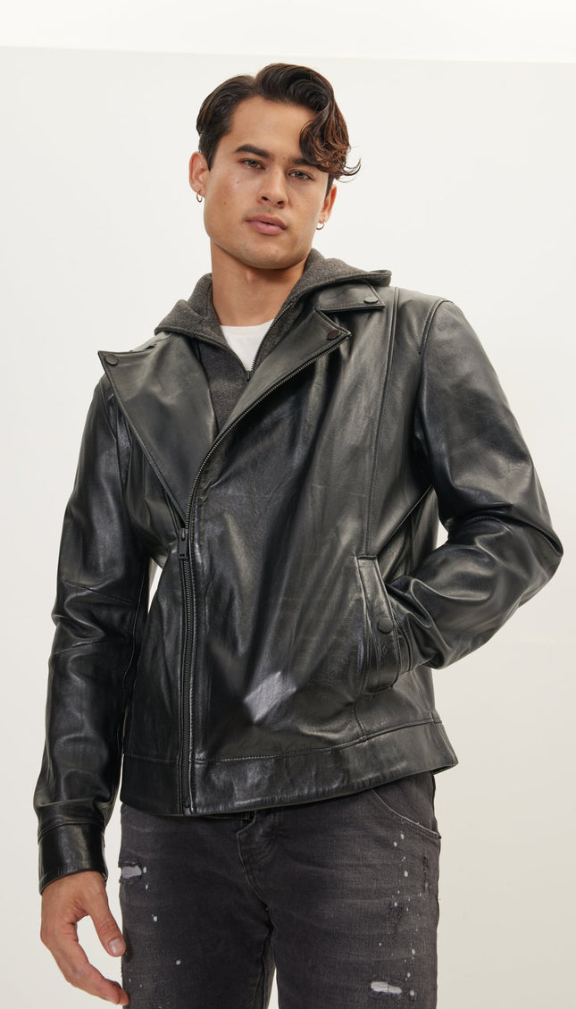 Genuine Leather Jacket With Removable Hood - Black - Ron Tomson