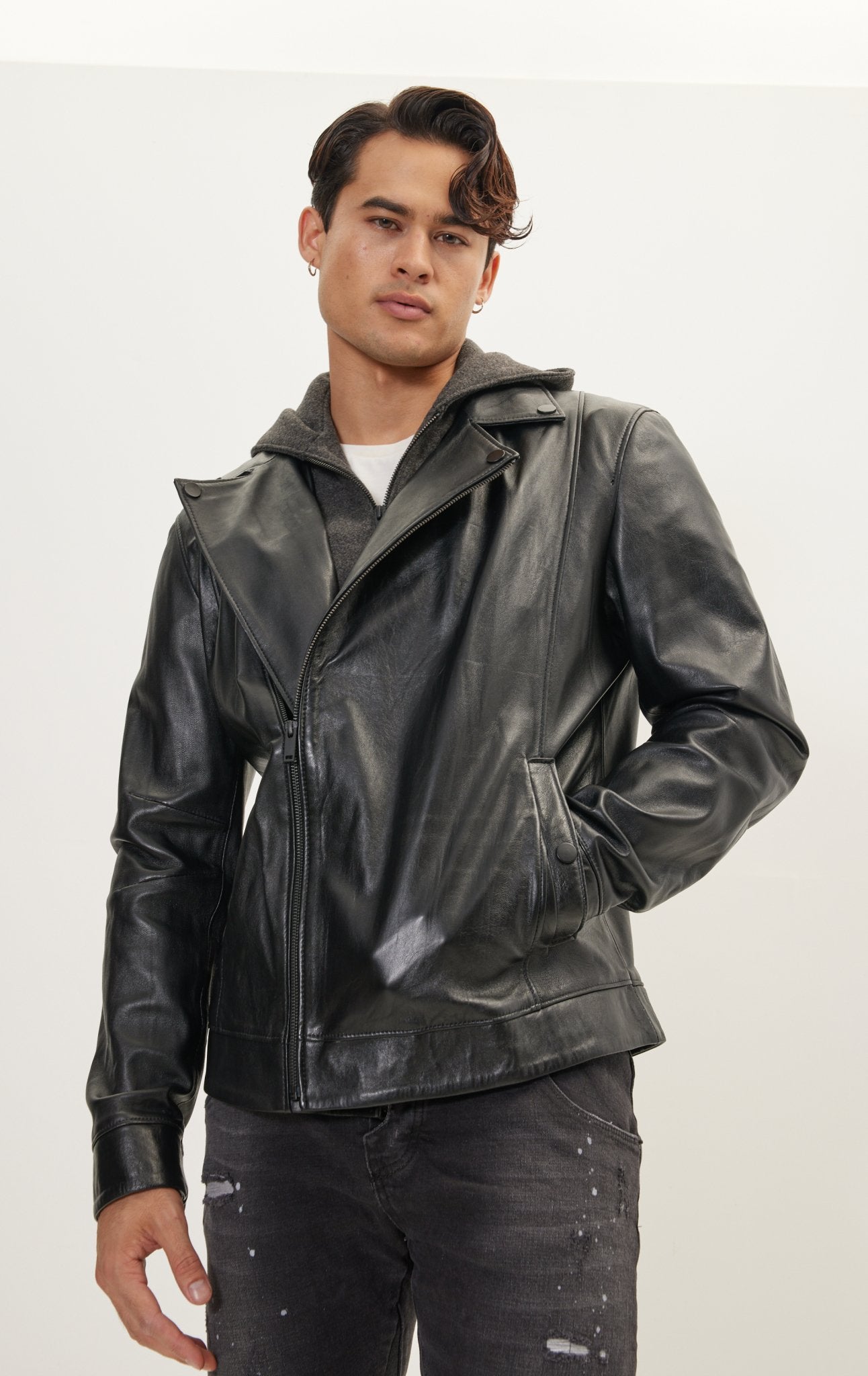 Genuine Leather Jacket With Removable Hood Black Ron Tomson