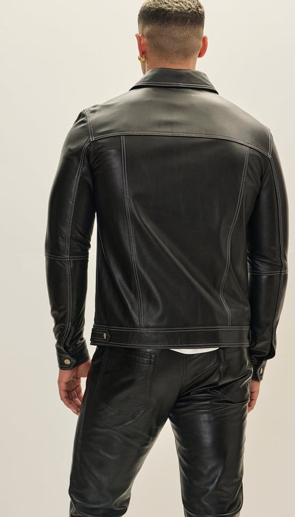 Genuine Leather Shirt Jacket - Black - Ron Tomson